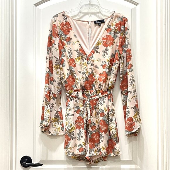 New Lulus Romper Medium Always Thriving Blush Pink Floral Print Bell Sleeve - Picture 5 of 8